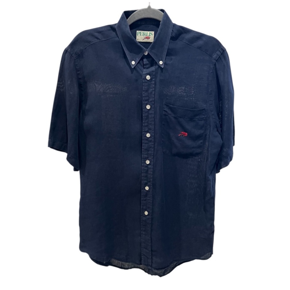 Vintage Perlis Clothing Linen Crawfish Men's Short Sleeved Button Down Shirt